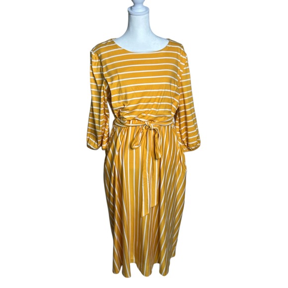Chic Soul Striped Midi Dress Tie Waist‎ 3/4 Sleeve Casual Yellow White Size L - Picture 1 of 4